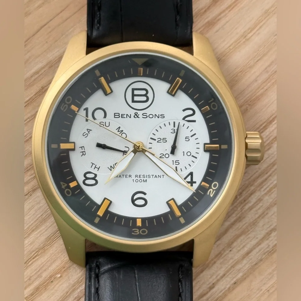 Ben & Sons Marshal Luxury Men’s Watch Gold Case White Dial Black Leather Strap